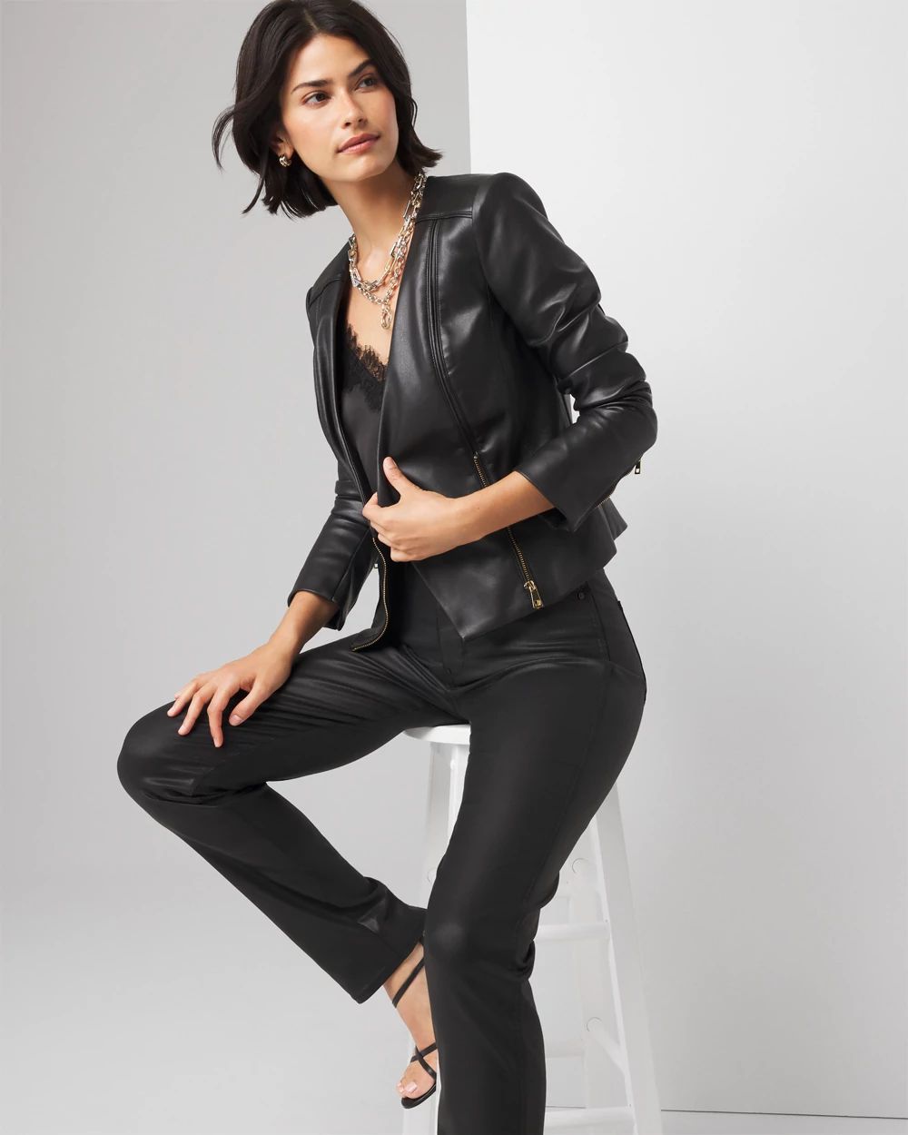 Women s Petite Faux Leather Moto Jacket in Black Size 10 White House Black Market Holiday Jackets